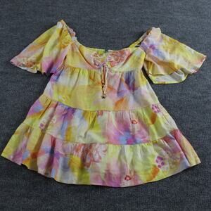 Farm Rio Dress Women Small Mini Floral Off Shoulder Tiered Peasant Boho Tropical